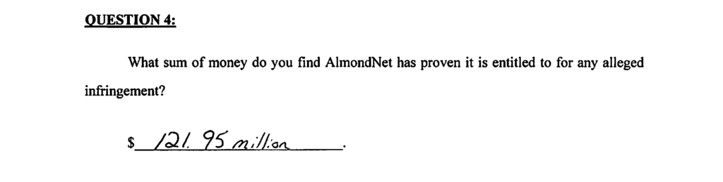 Jury verdict form — AlmondNet v. Amazon, $121.95 million