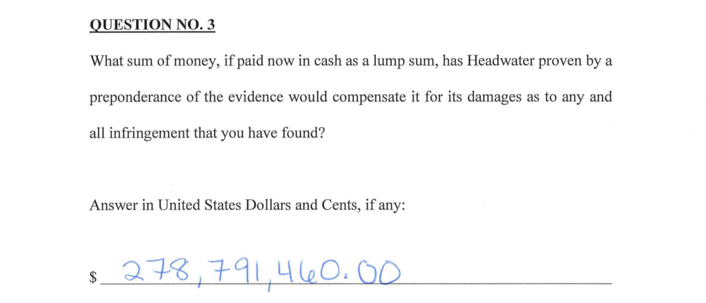 Jury verdict form — Headwater v. Samsung, $278,791,460