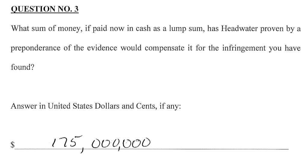Jury verdict form — Headwater v. Verizon, $175,000,000