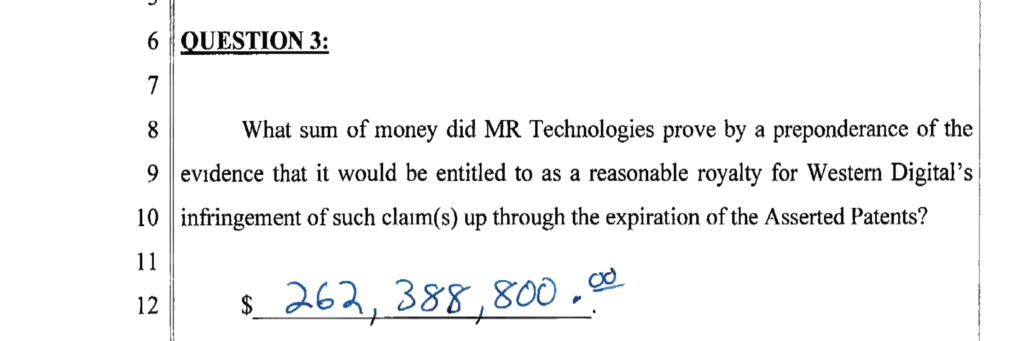 Jury verdict form — MR Technologies v. Western Digital, $262,388,800