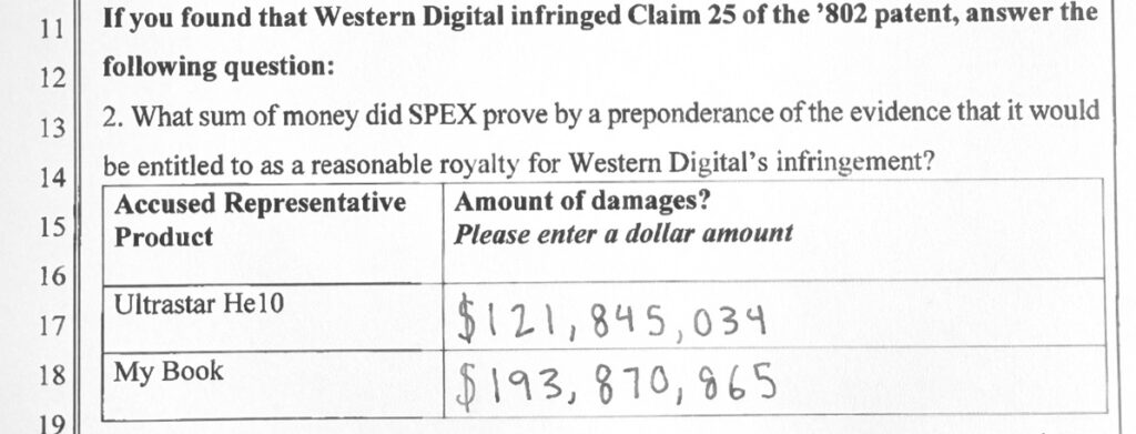 Jury verdict form — SPEX v. Western Digital, over $315 million