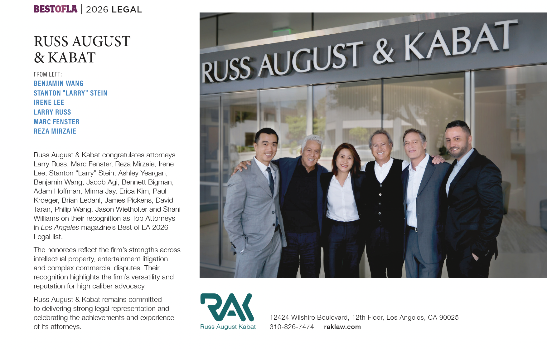 RAK attorneys named Top Attorneys in Los Angeles magazine’s Best of LA: 2026 Legal list