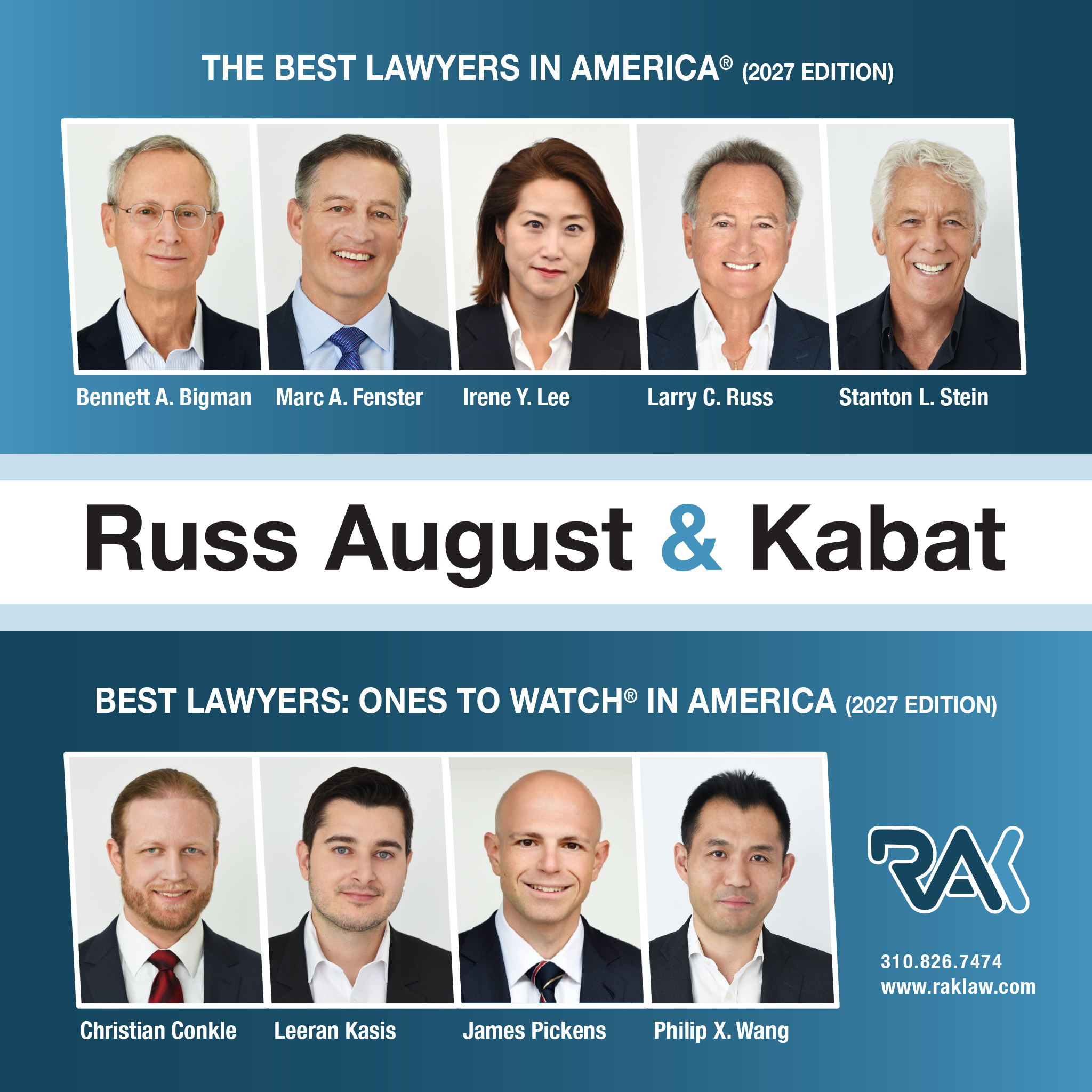 RAK Partners Larry C. Russ, Marc A. Fenster, Stanton “Larry” Stein, Irene Y. Lee, and Bennett Bigman Named to The Best Lawyers in America (2027 Edition) and RAK Attorneys Christian Conkle, Leeran Kasis, James Pickens, and Philip X. Wang Named to The Best Lawyers: Ones to Watch (2027 Edition)